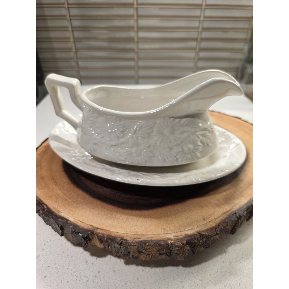 Cream Colored Floral Embossed Gravy Bowl with Saucer